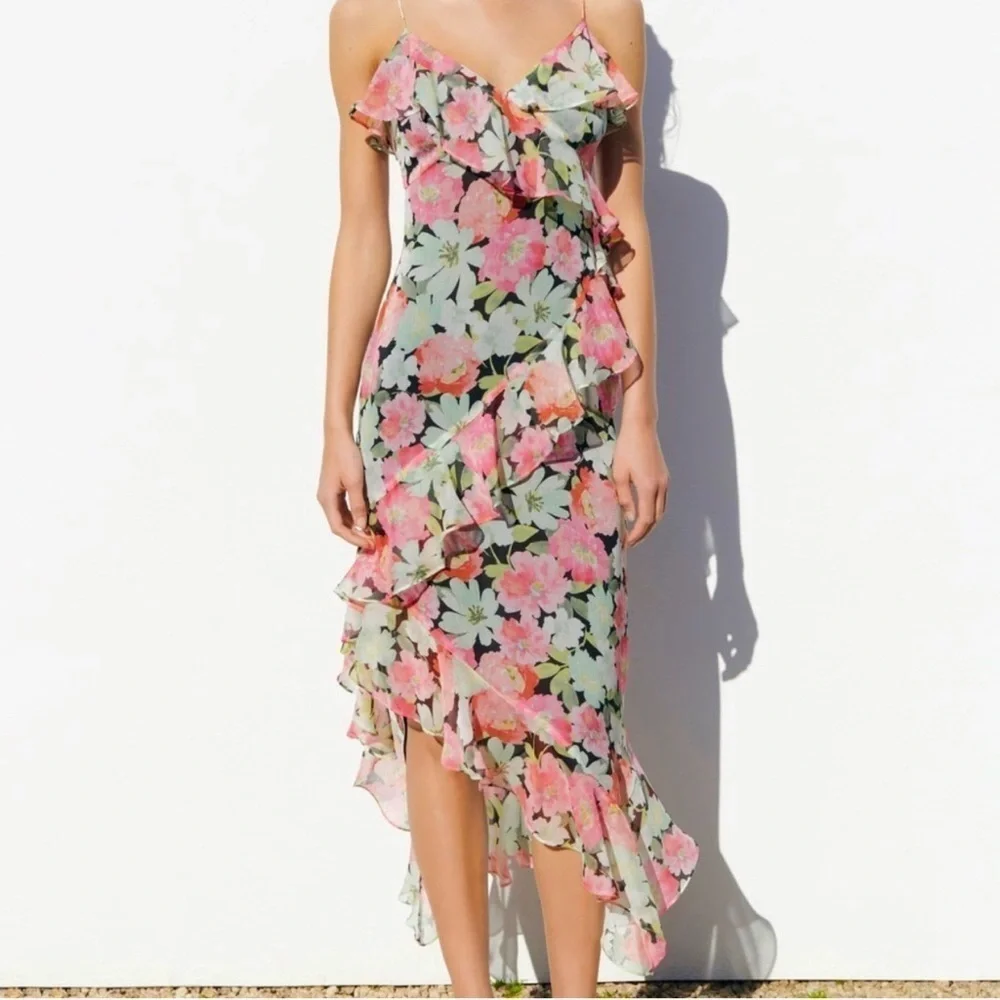 Black Floral Zara Chiffon Midi Dress Size M - Picture 1 of 9